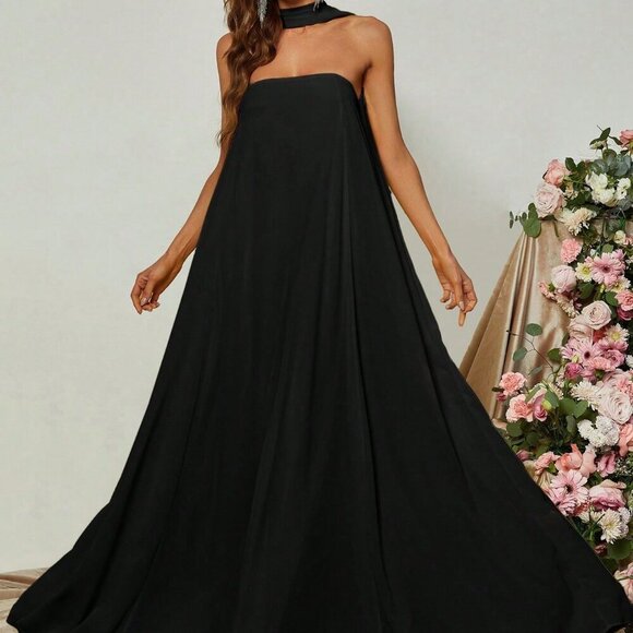 Black Elegant Women's Sophisticated Off-The-Shoulder A-Line Evening Gown - Picture 1 of 6